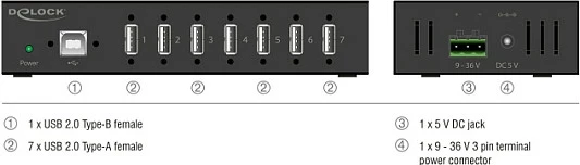 Hub USB DeLOCK 60687, USB 2.0 Type-B në 7x USB 2.0 Type-A, 480 Mbit/s, 1.8 m, metal, i zi