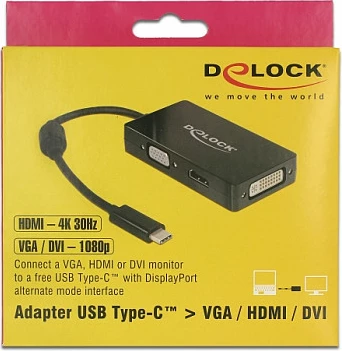 Adapter DeLOCK 63925 USB-C në VGA/HDMI/DVI, 4K 60Hz, 13 cm, i zi