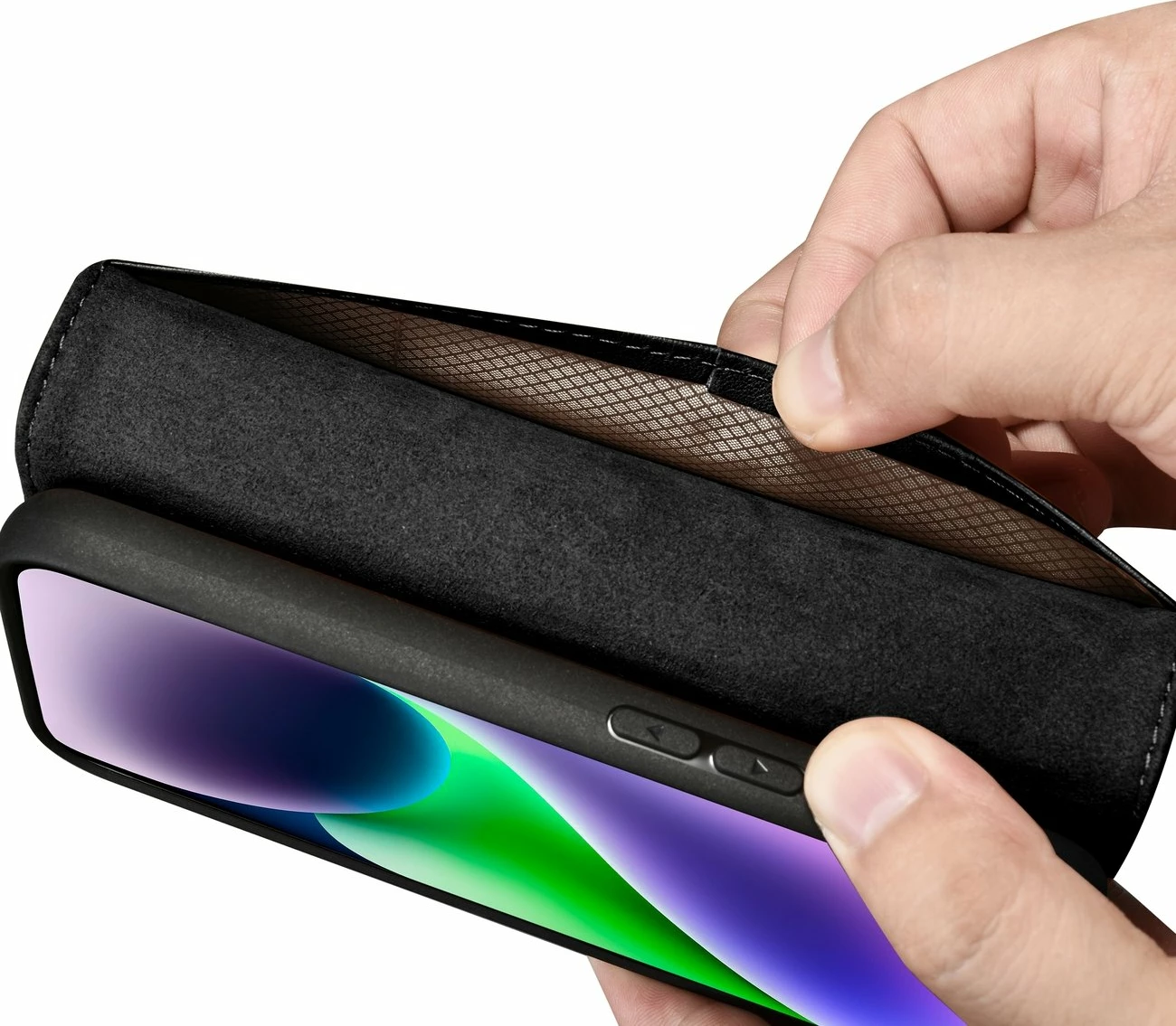 Mbështjellës iCarer Wallet Case 2in1 për iPhone 14 Plus, lëkurë natyrale, Anti-RFID, e zezë