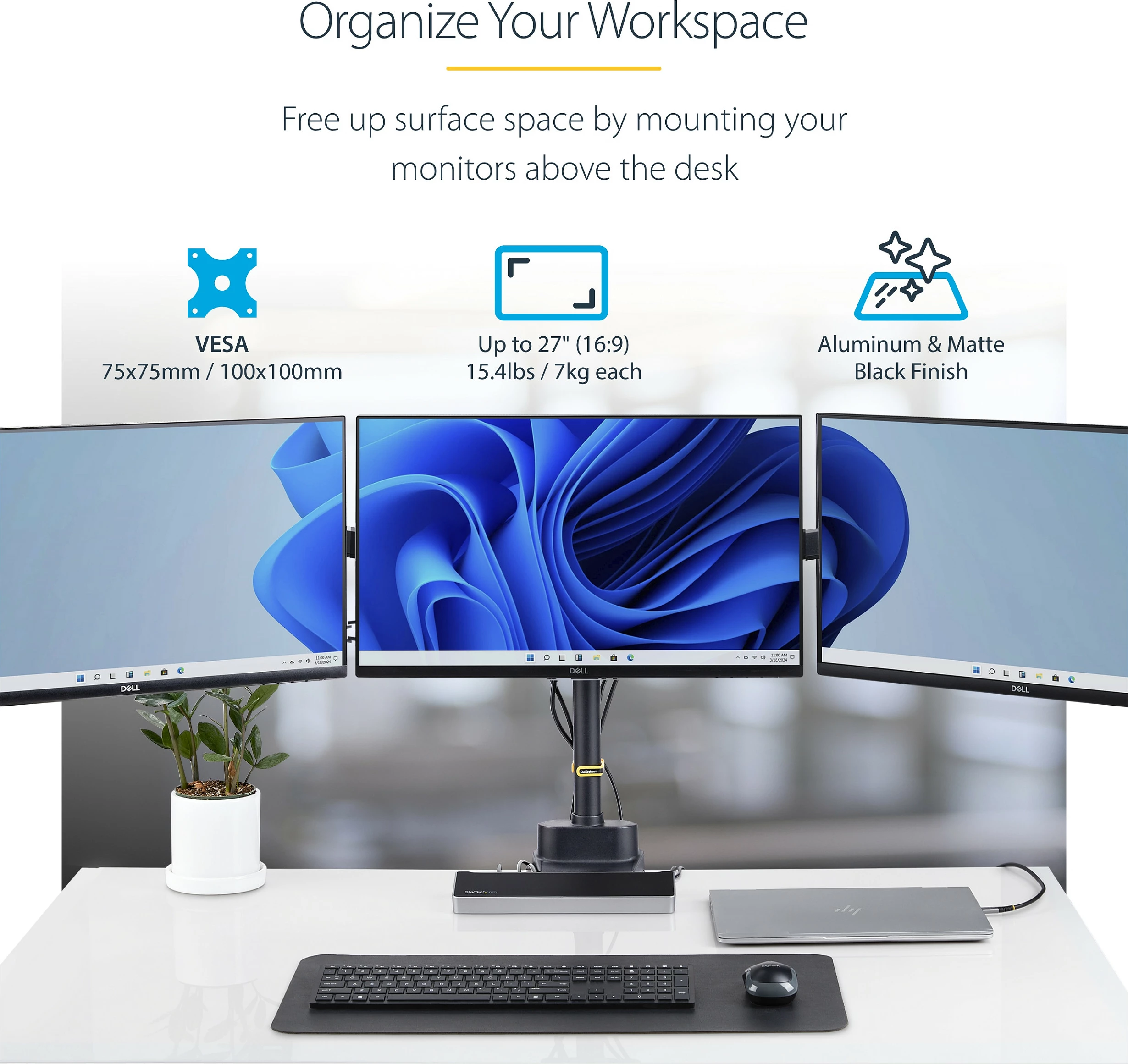 Mbajtëse tavoline për 3 monitorë StarTech, deri 27", VESA 75x75/100x100, clamp/grommet, e zezë