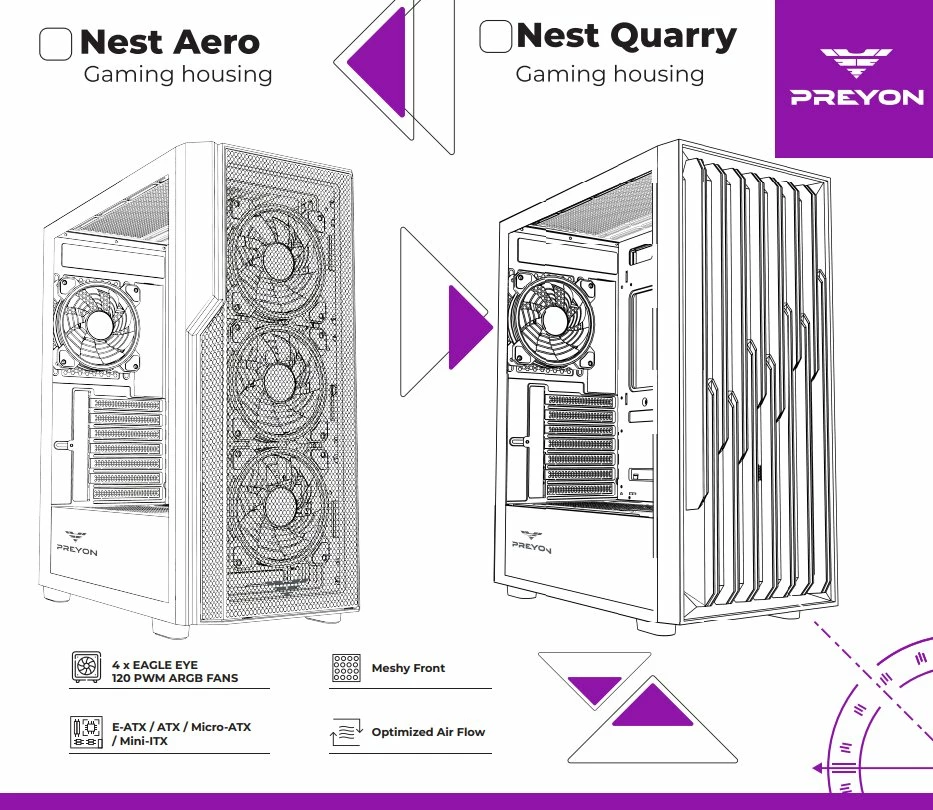 Kasë PREYON Nest Quarry ARGB PNQ04B Midi Tower, E-ATX/ATX/mATX/Mini-ITX, USB-C, 4x120mm PWM ARGB fanë, e zezë