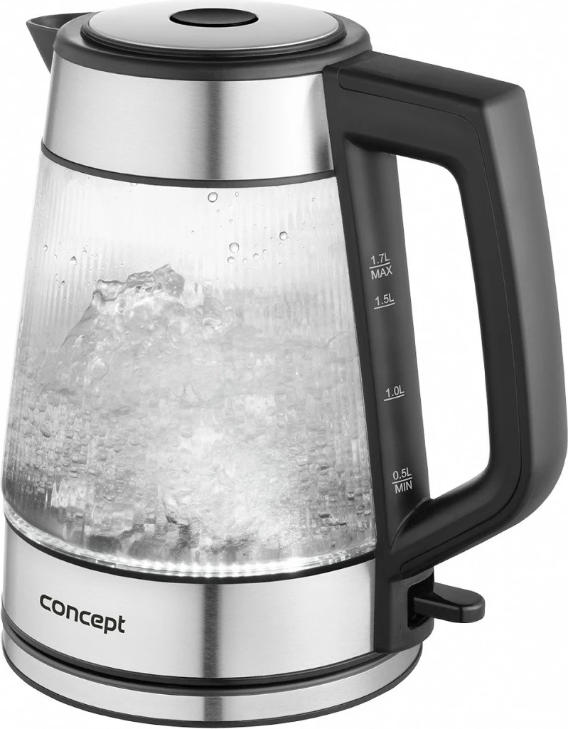 Çajnik elektrik Concept RK4210 1.7 L 2200 W xhami me ndriçim LED bazë rrotulluese STRIX inox dhe transparent