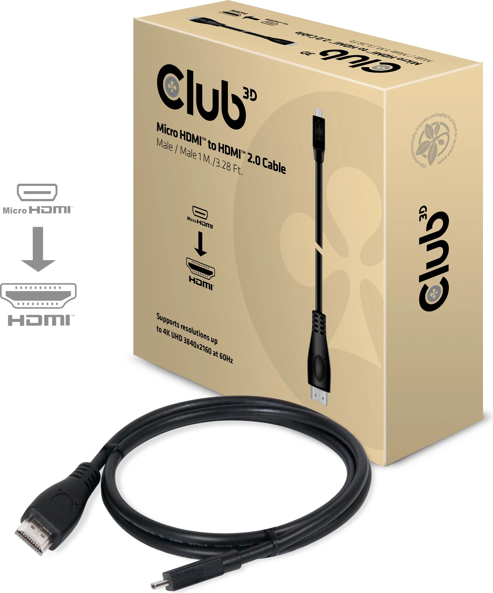 Kabllo HDMI Club3D MicroHDMI në HDMI 2.0, 1m, 4K, e zezë