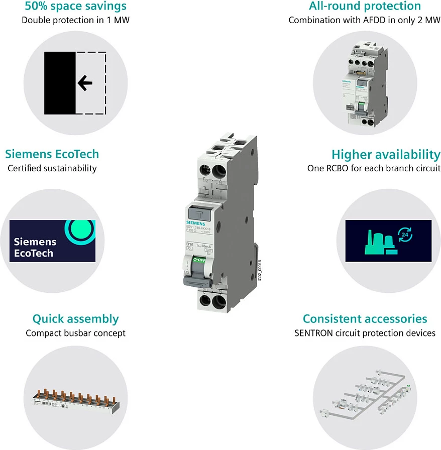 Ndërprerës diferencial automatik Siemens 5SV1316-6KK16, Typ A, 30mA, B16, 2P, 230V