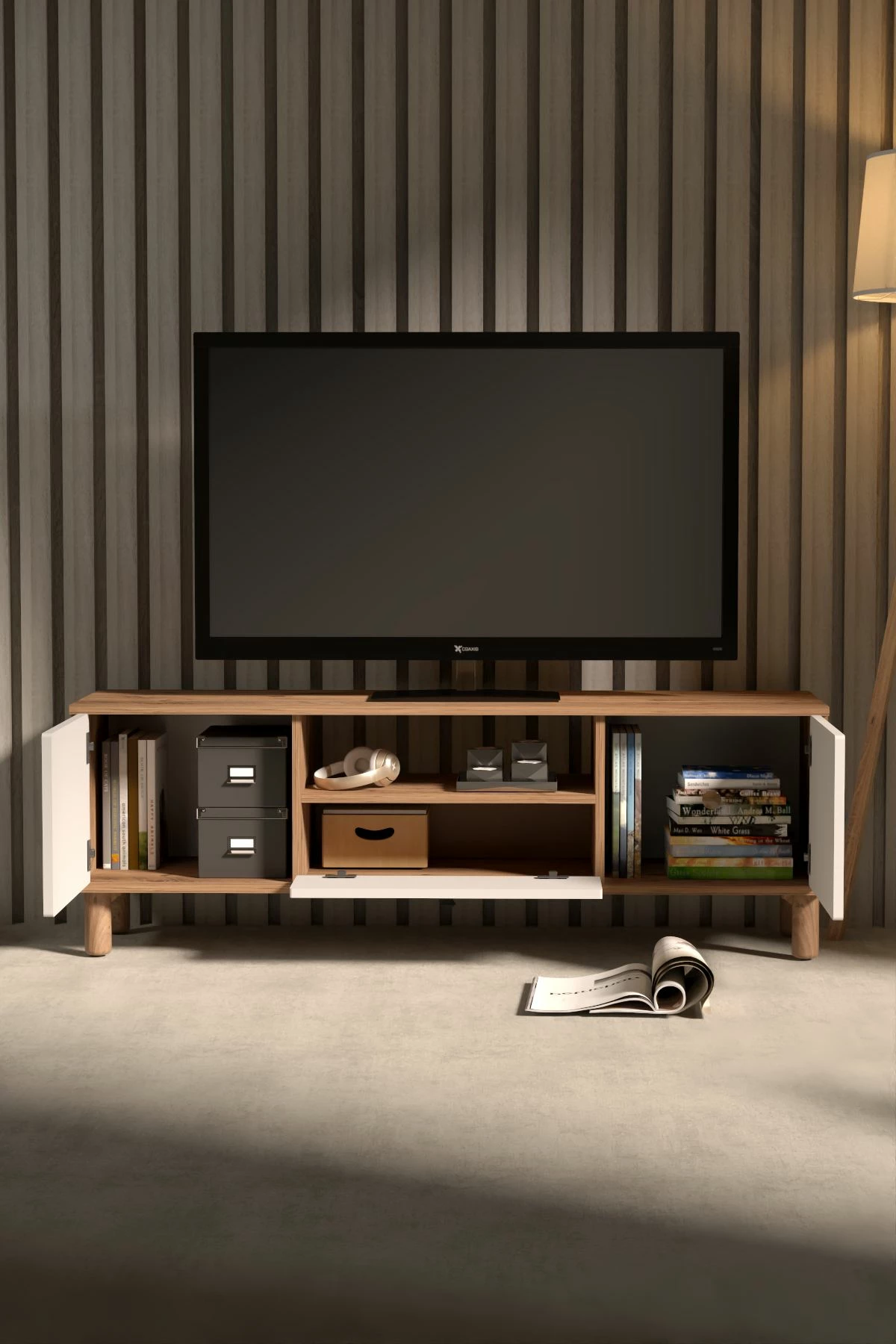 Komodë TV Skye Decor, Serenta 180, ngjyrë Atlantic Pine dhe e bardhë
