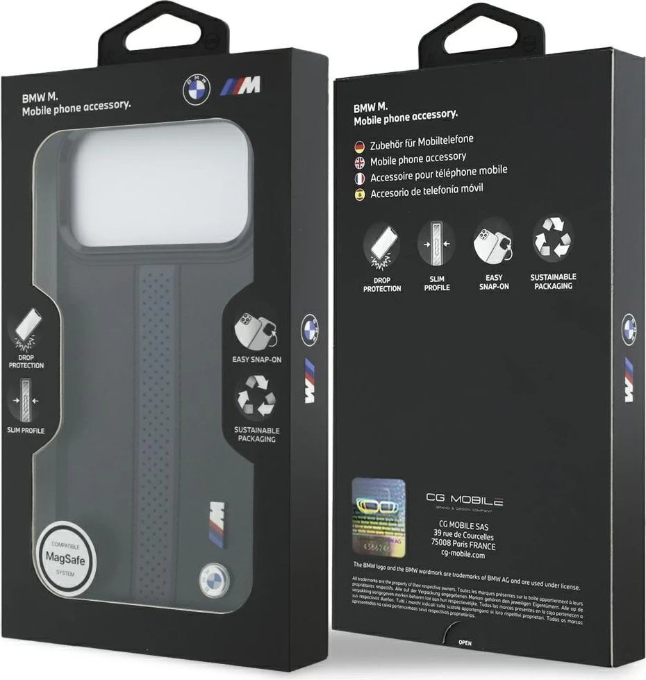 Mbështjellës BMW M Perforated Stripe Logo MagSafe për iPhone 17 Pro Max, lëkurë eko/TPU/PC, kaltër