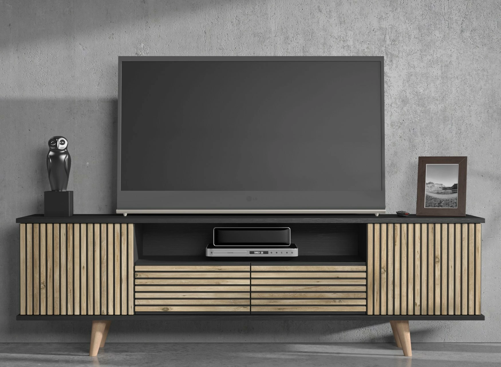 Komodë TV Hanah Home, FRN-9000, ngjyrë druri, e zezë, Atlantic Pine, 180x55x35cm