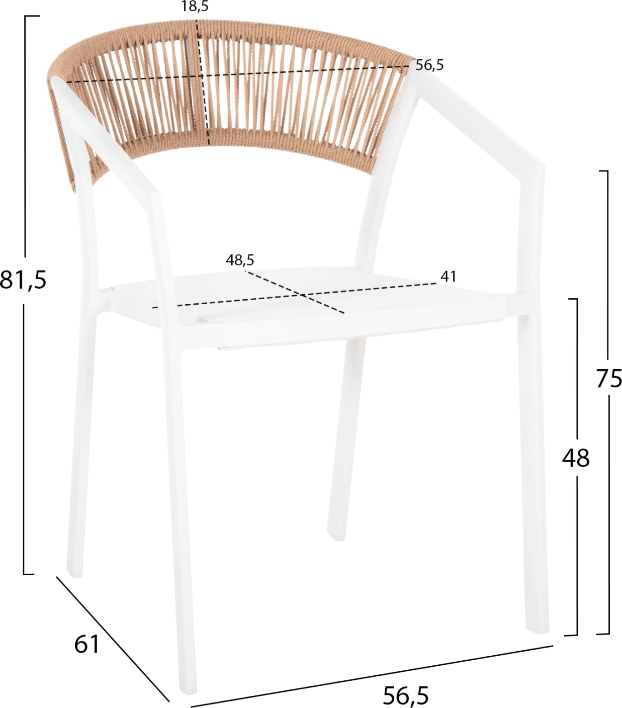Karrige alumini FH5891.22, kornizë e bardhë dhe tekstil, mbështetëse ratan bezhë, 57x63x82H cm