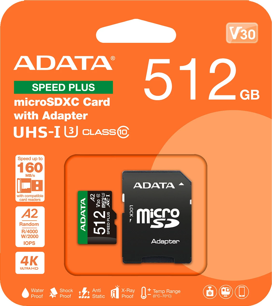 Kartelë memorie ADATA Speed Plus microSDXC 512GB, UHS-I U3 V30 A2, me adapter SD, e zezë/jeshile/bardhë