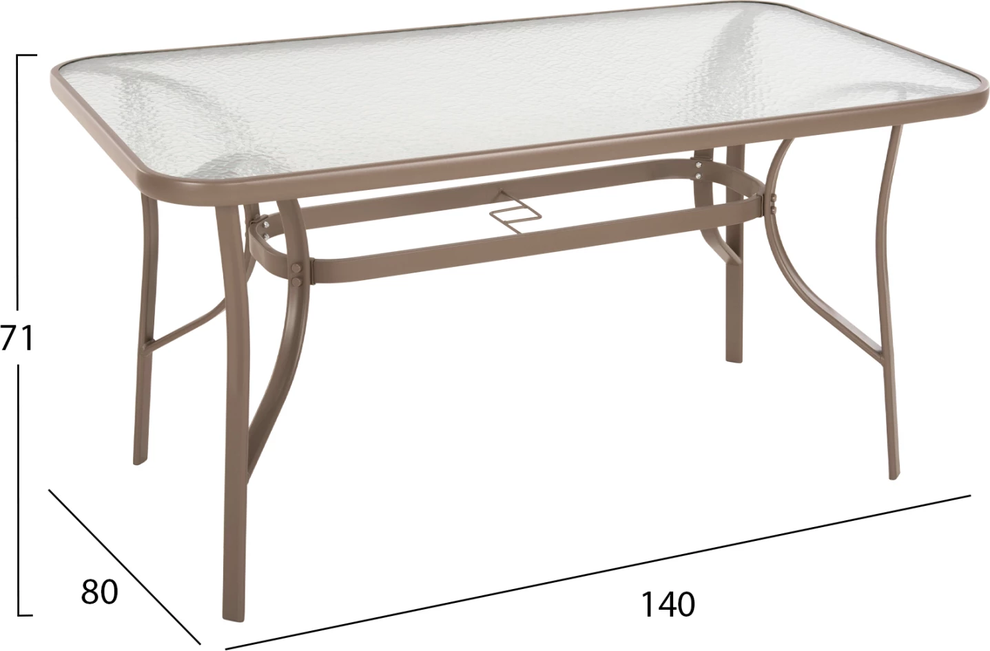 Tavolinë BRUNO FH5106.04 metalike, ngjyrë shampanjë, me sipërfaqe tavoline prej xhami të kalitur, 140x80x71 cm