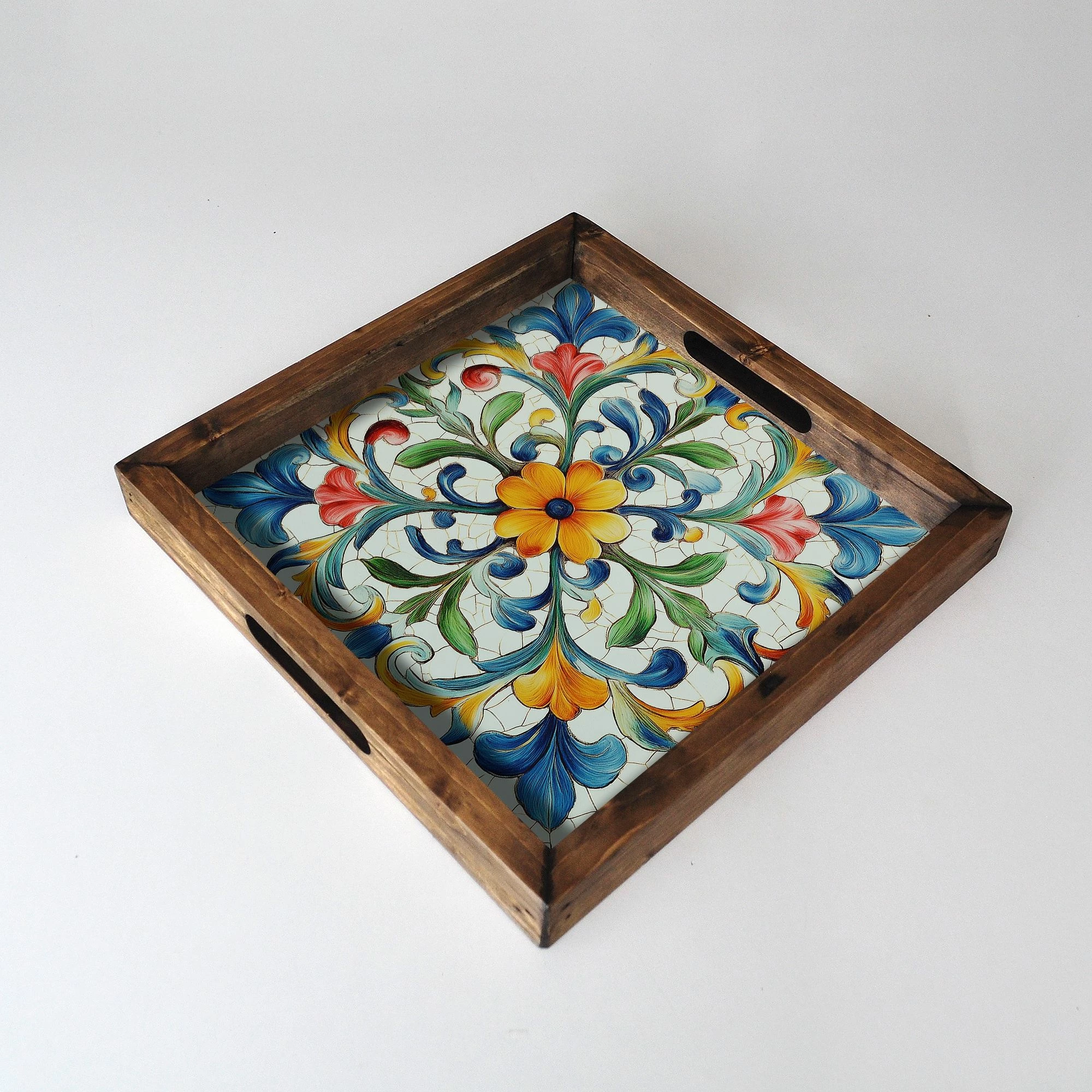 Tabaka dekorative prej druri, shumëngjyrëshe, Evila Originals, REF059, 35x35x4cm