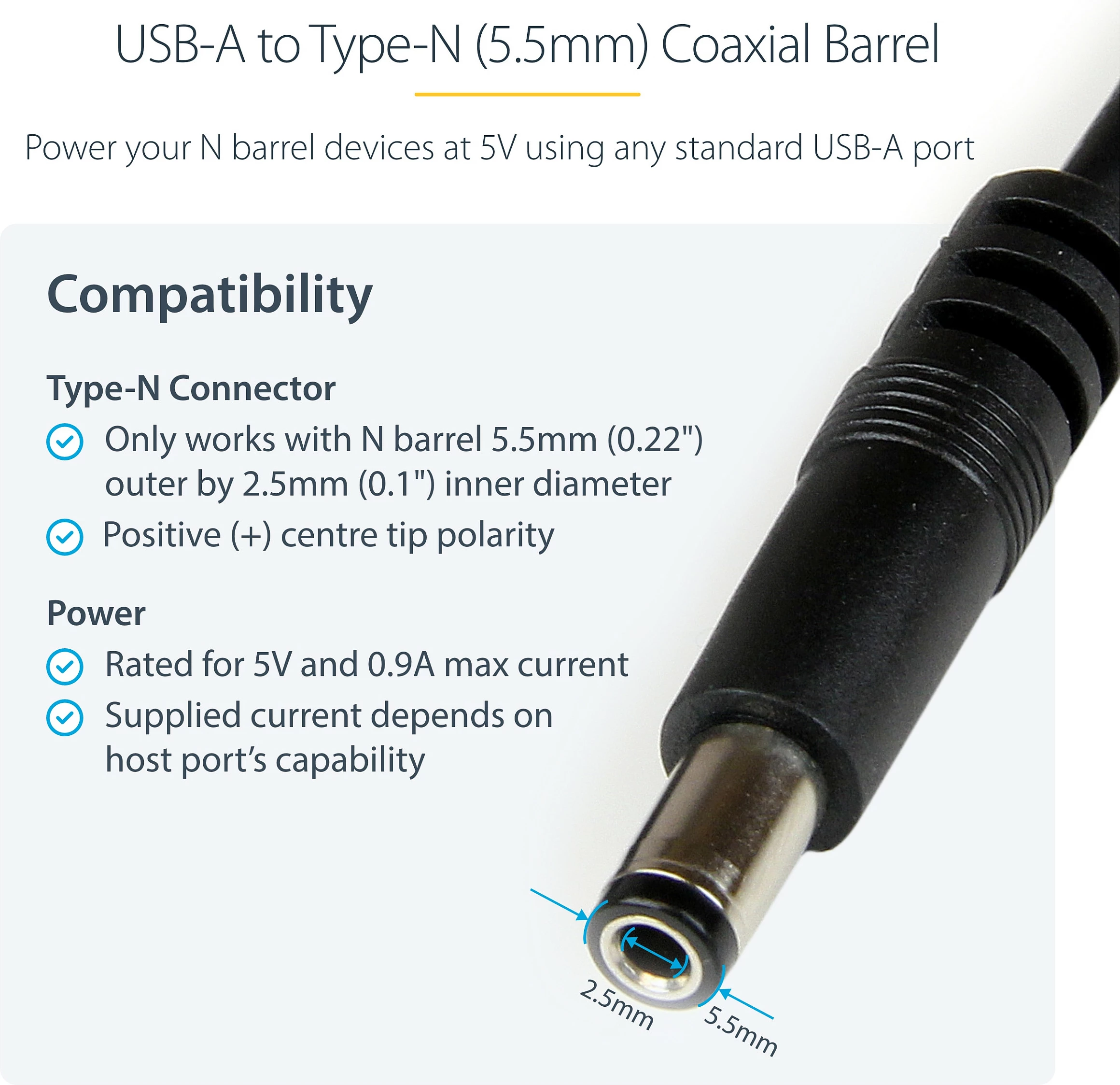 Kabllo energjie USB StarTech, USB-A në 5.5mm DC Barrel Type N, 1m, e zezë