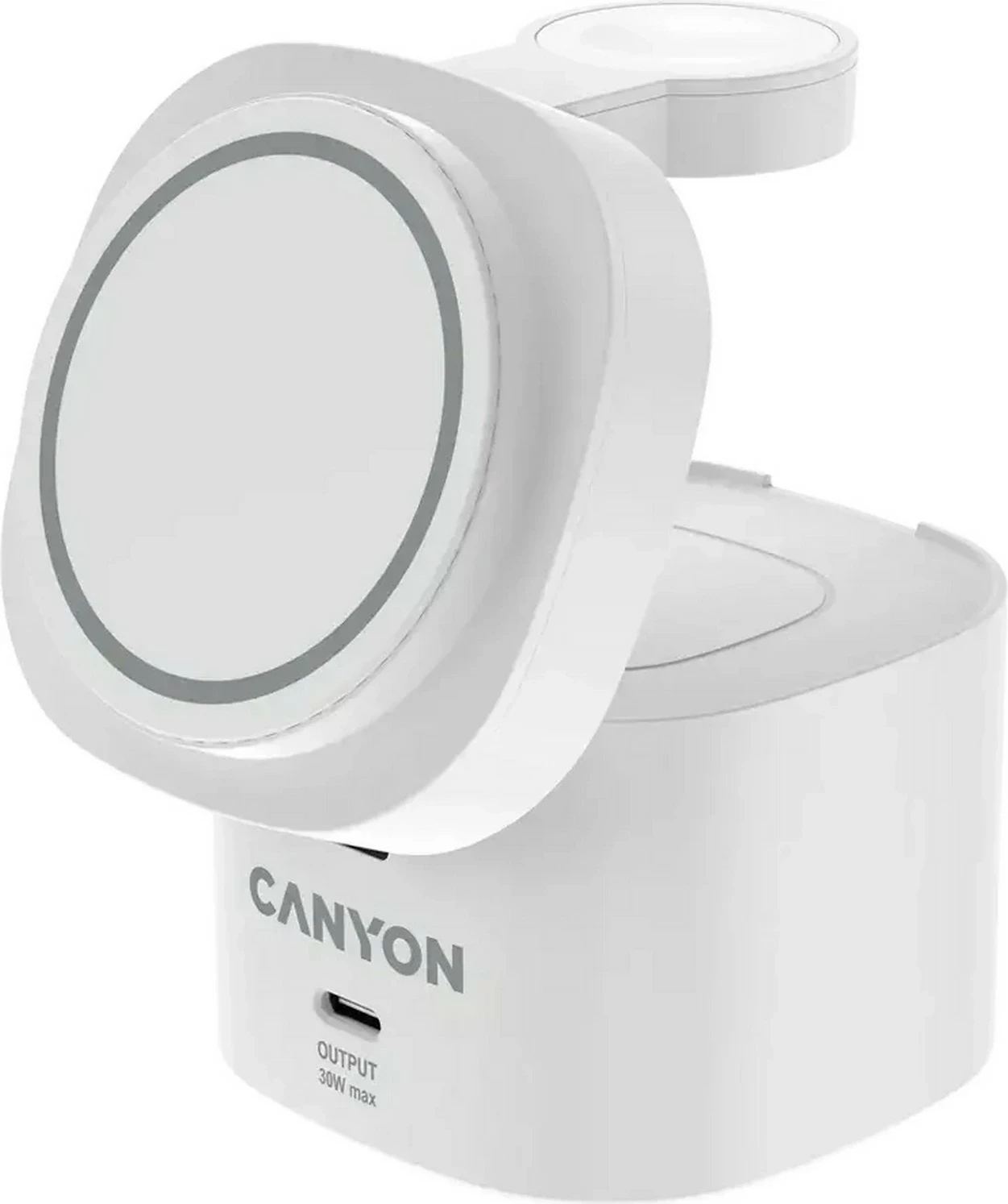 Stacion karikimi pa kabllo Canyon 4w1 30W, Qi2, USB-C PD 3.0, me kabllo 1m, i bardhë