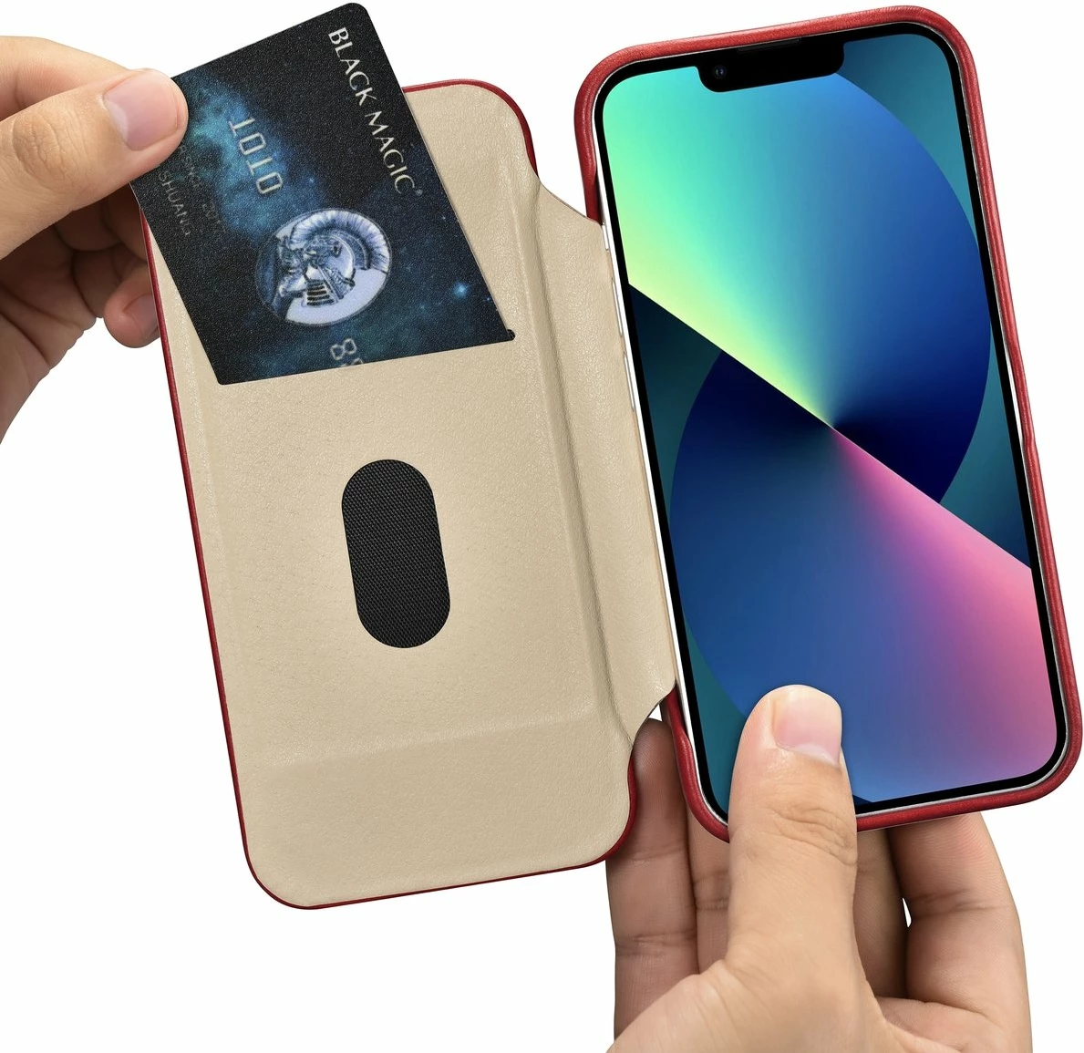 Mbështjellës iCarer Oil Wax Premium Leather Folio për iPhone 14 Plus, MagSafe, Kuq