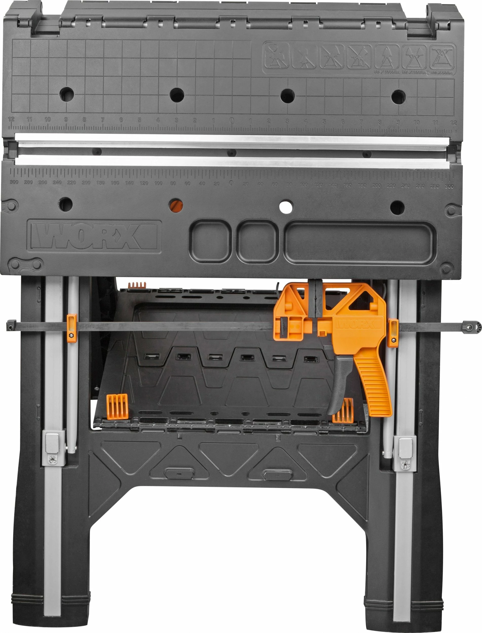 Tavolinë pune Worx Pegasus WX051 78x63 cm, palosëse, 136 kg, zi/portokalli, set me 2 klema + 4 konektorë