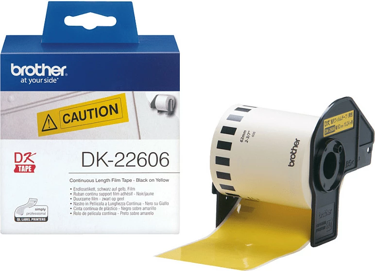Rul etikete Brother DK-22606, 62mm x 15.24m, Black on Yellow