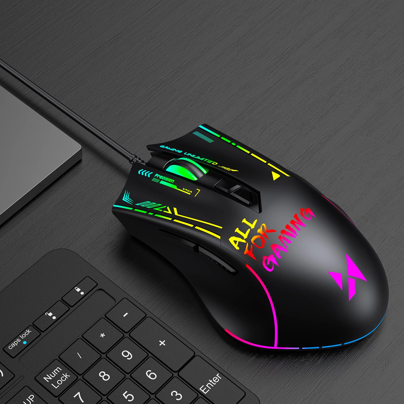 Maus lojrash me kabllo, Wozinsky, WMGK-7200, DPI deri 7200, 7 butona, USB-A, RGB, e zezë