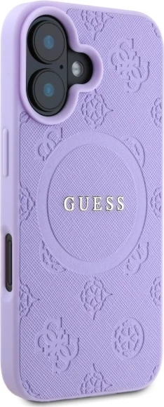 Mbështjellës Guess Saffiano Peony Classic Logo MagSafe për iPhone 16, vjollcë