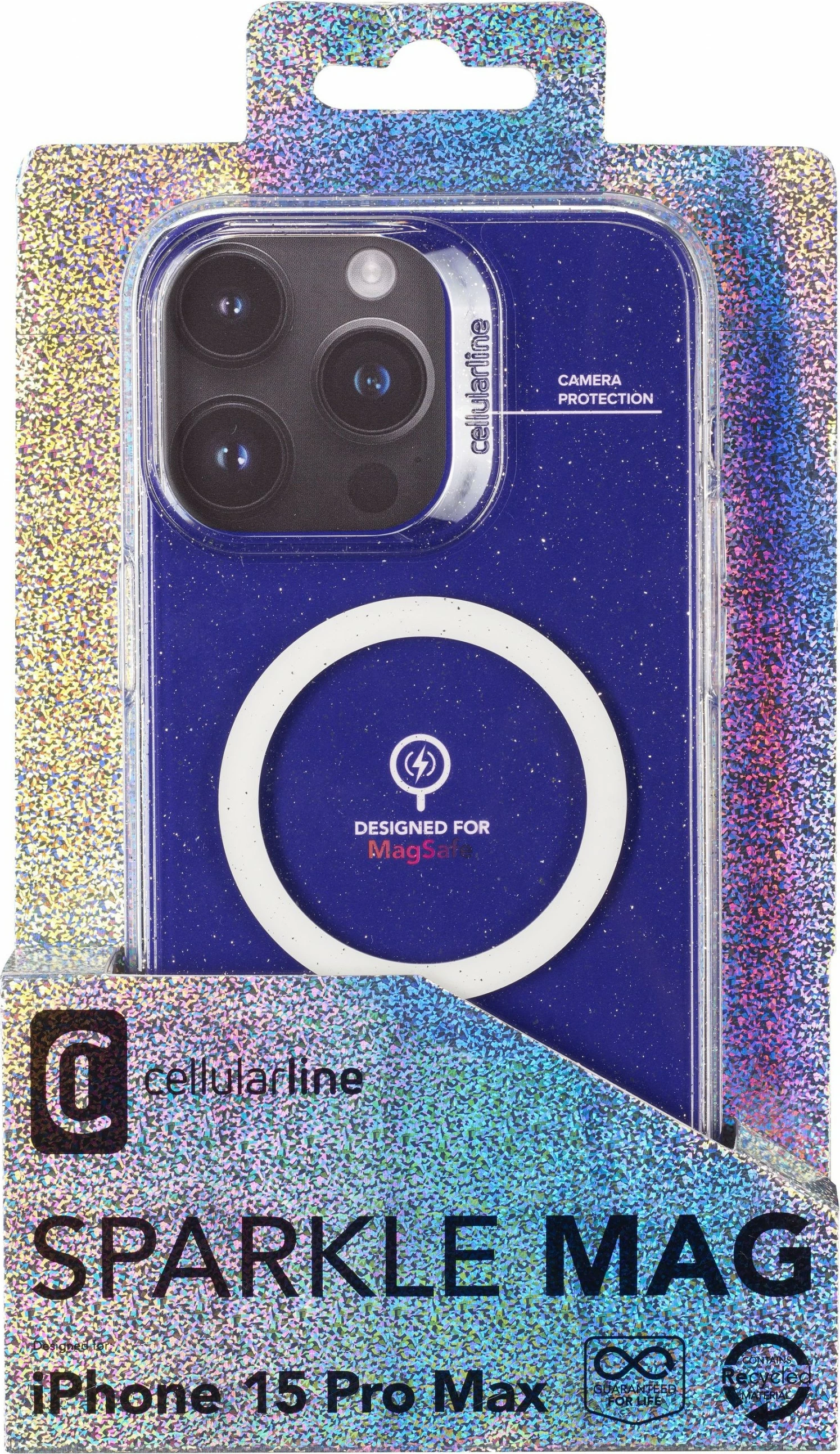 Mbështjellës Cellular Line Sparkle MagSafe për iPhone 15 Pro Max, transparent