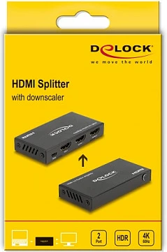 HDMI Splitter DeLOCK 1x HDMI In në 2x HDMI Out, 4K 60Hz, me Downscaler, USB Powered, i zi