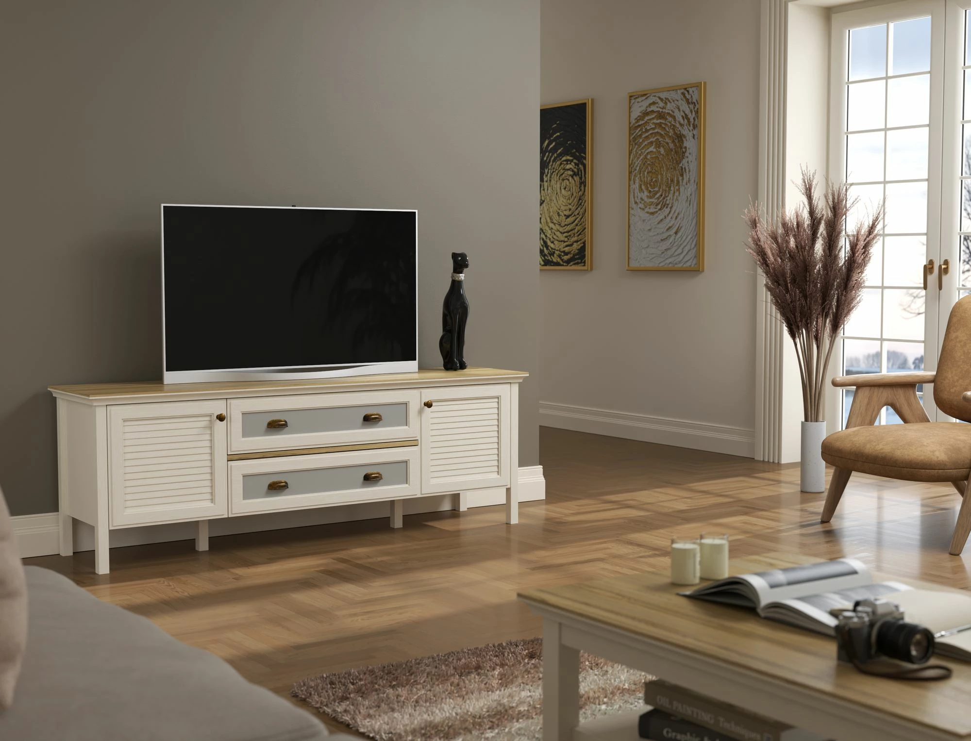 Komodë TV Skye Decor, krem, lis, gri, FRN-21026