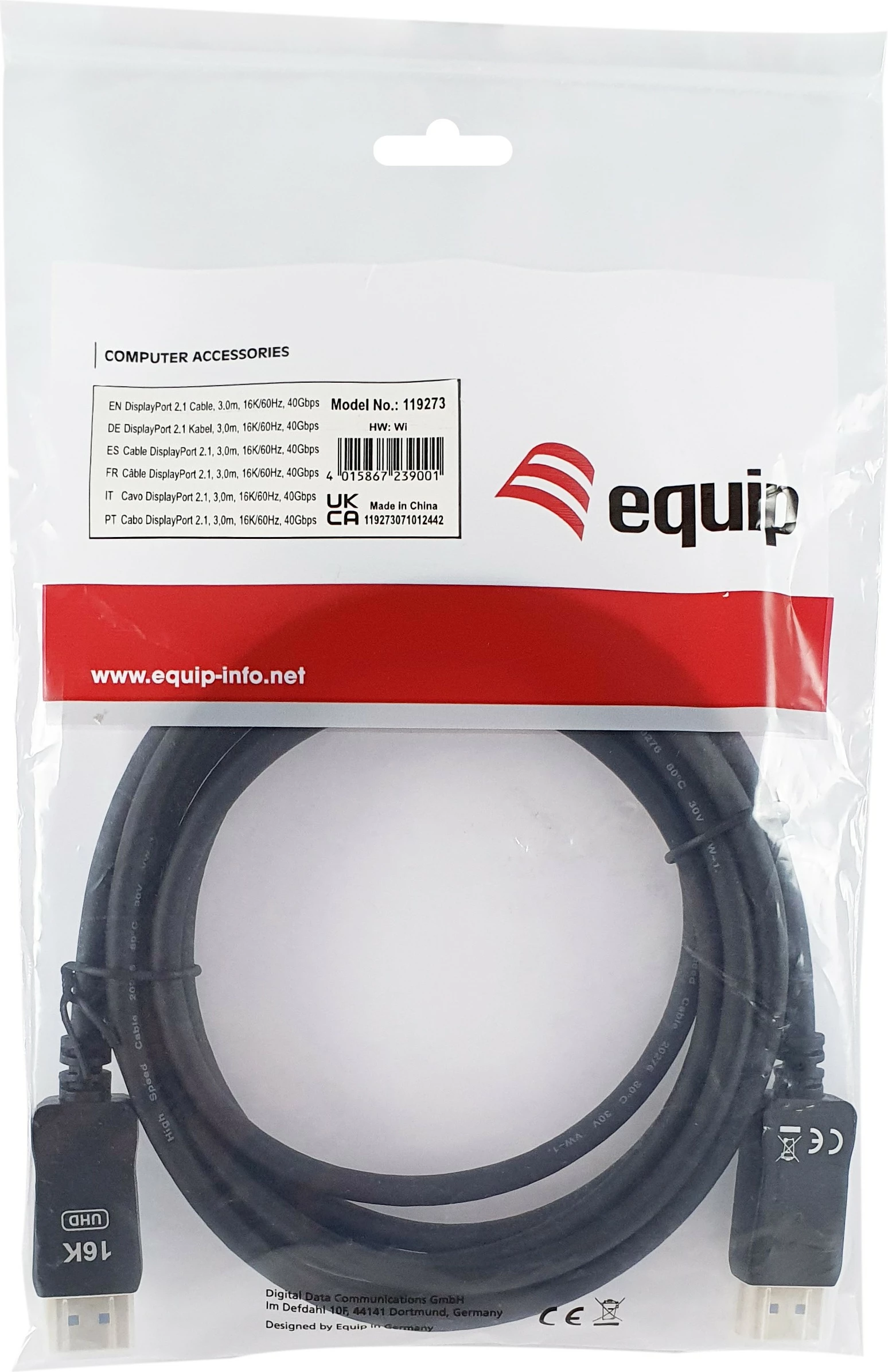 Kabllo DisplayPort 2.1 Equip 3m, 16K/60Hz, 40Gbps, e zezë