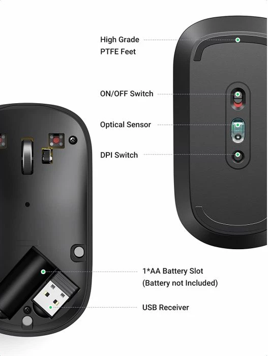 Maus UGREEN 90372 wireless 2.4GHz, silent, ultra i hollë, 4000 DPI, e zezë, Box