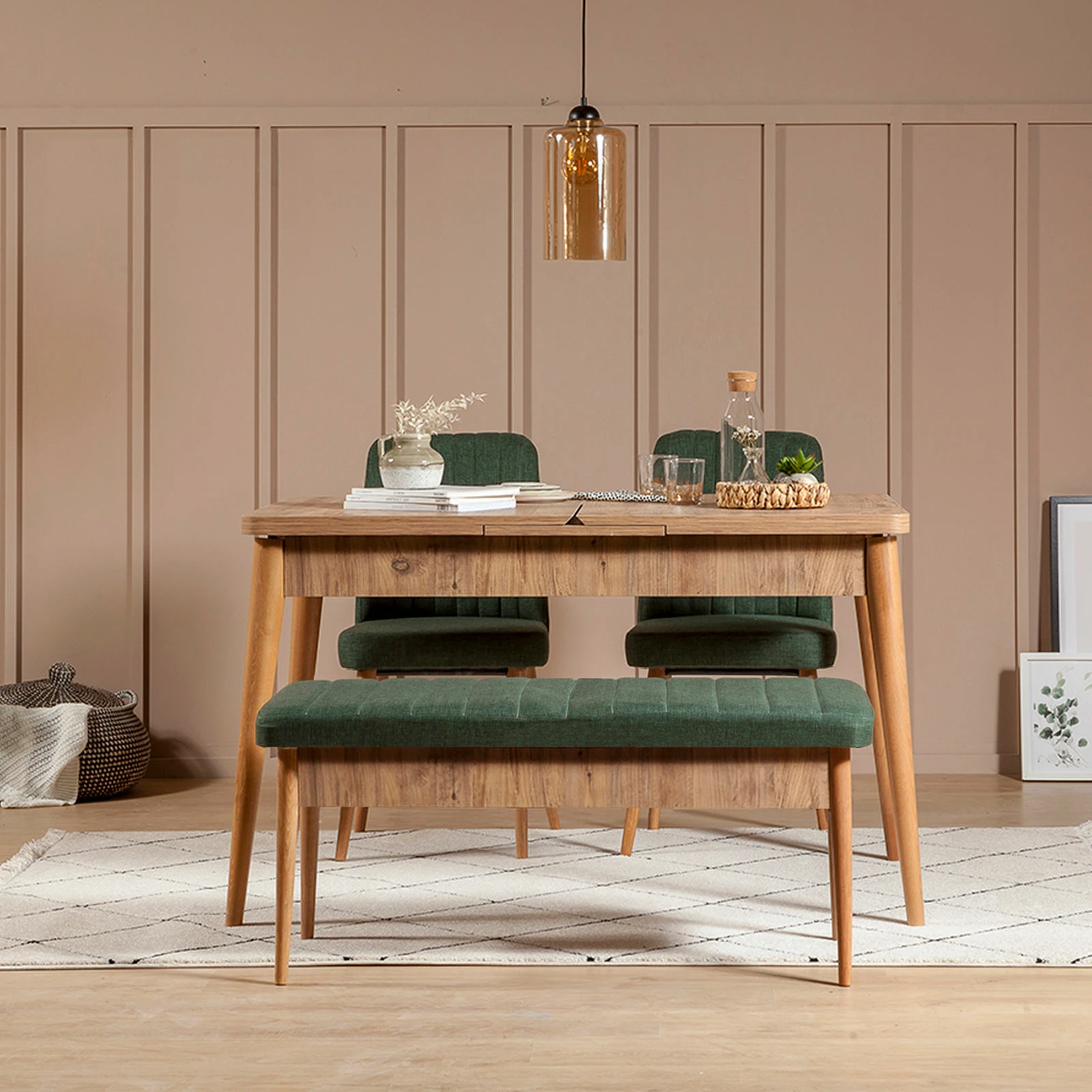 Set tavoline e zgjatshme me karrige (4 copë), Hanah Home, Vina 1070, ngjyrë pishë Atlantic, jeshile