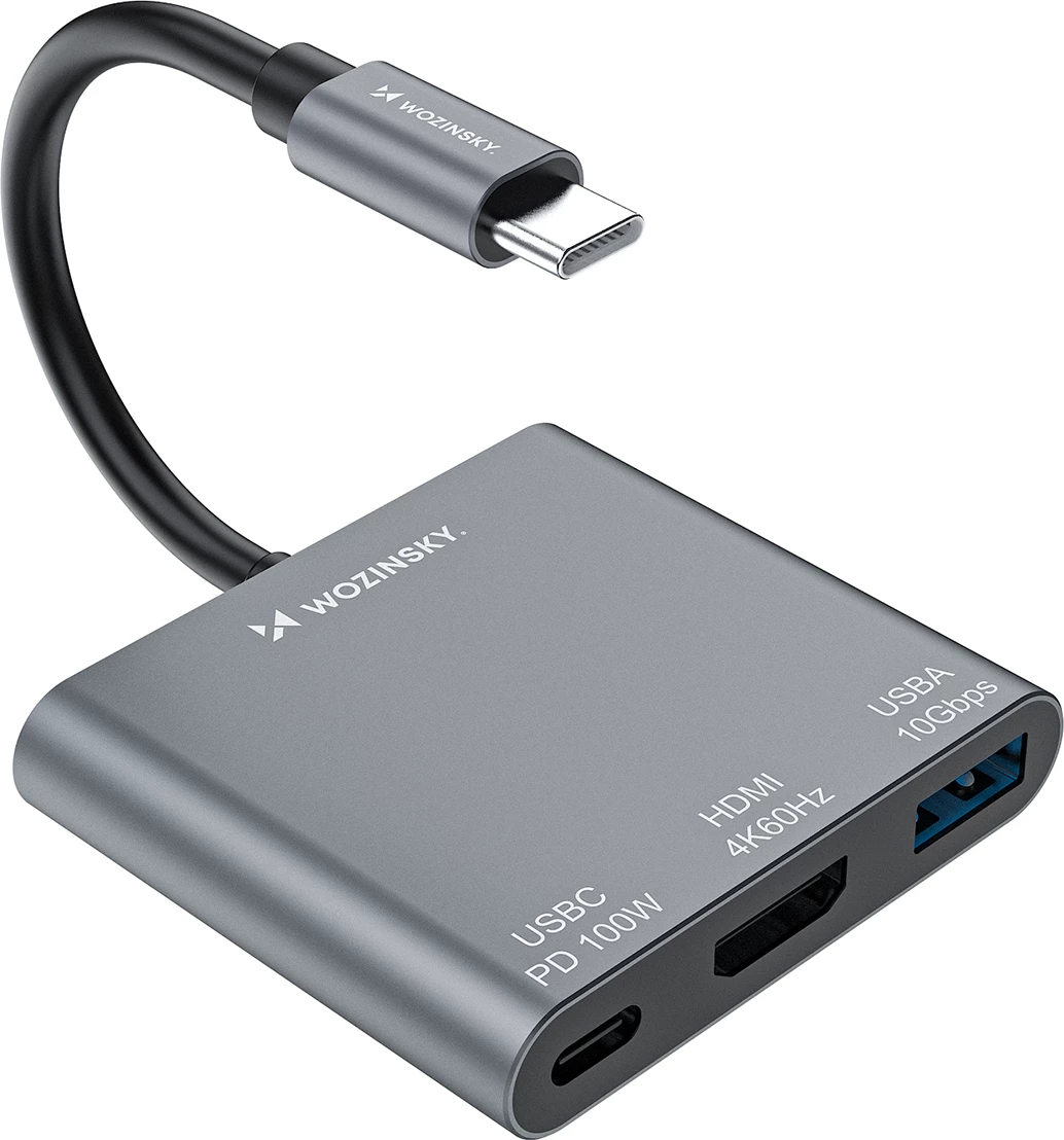 Hub USB-C Wozinsky WHCH-01 PD 100W HDMI 4K@30Hz USB-A 10Gbps, gri