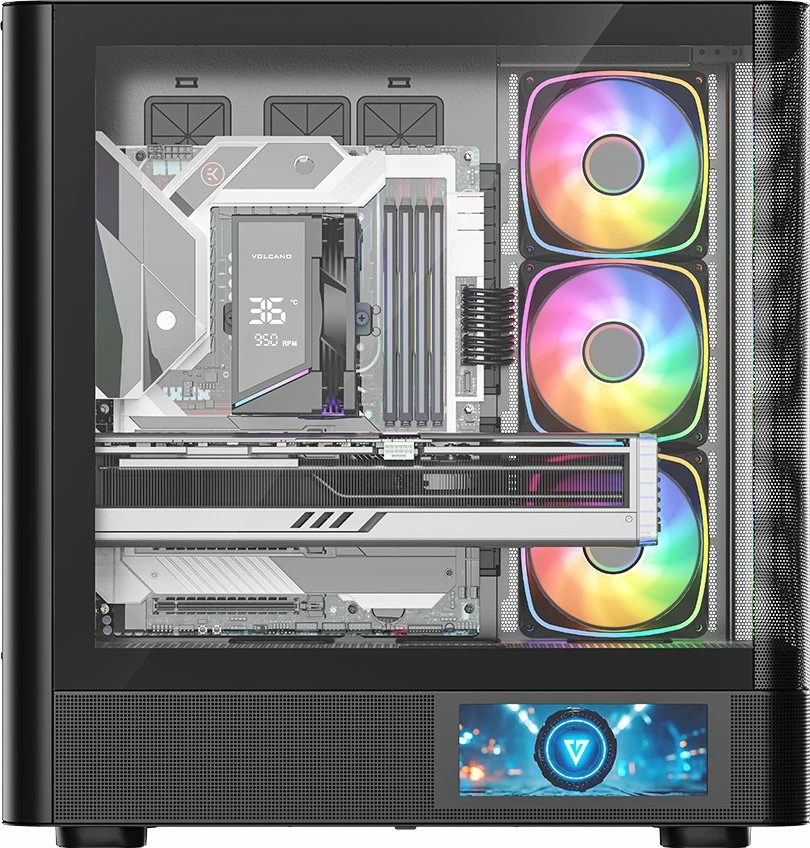 Kasë Modecom Volcano AQ400 ARGB (MC-A-AQ400-4FA-B) Midi Tower ATX/mATX/ITX, ekran LCD, 4x120mm ARGB, USB-C, e zezë