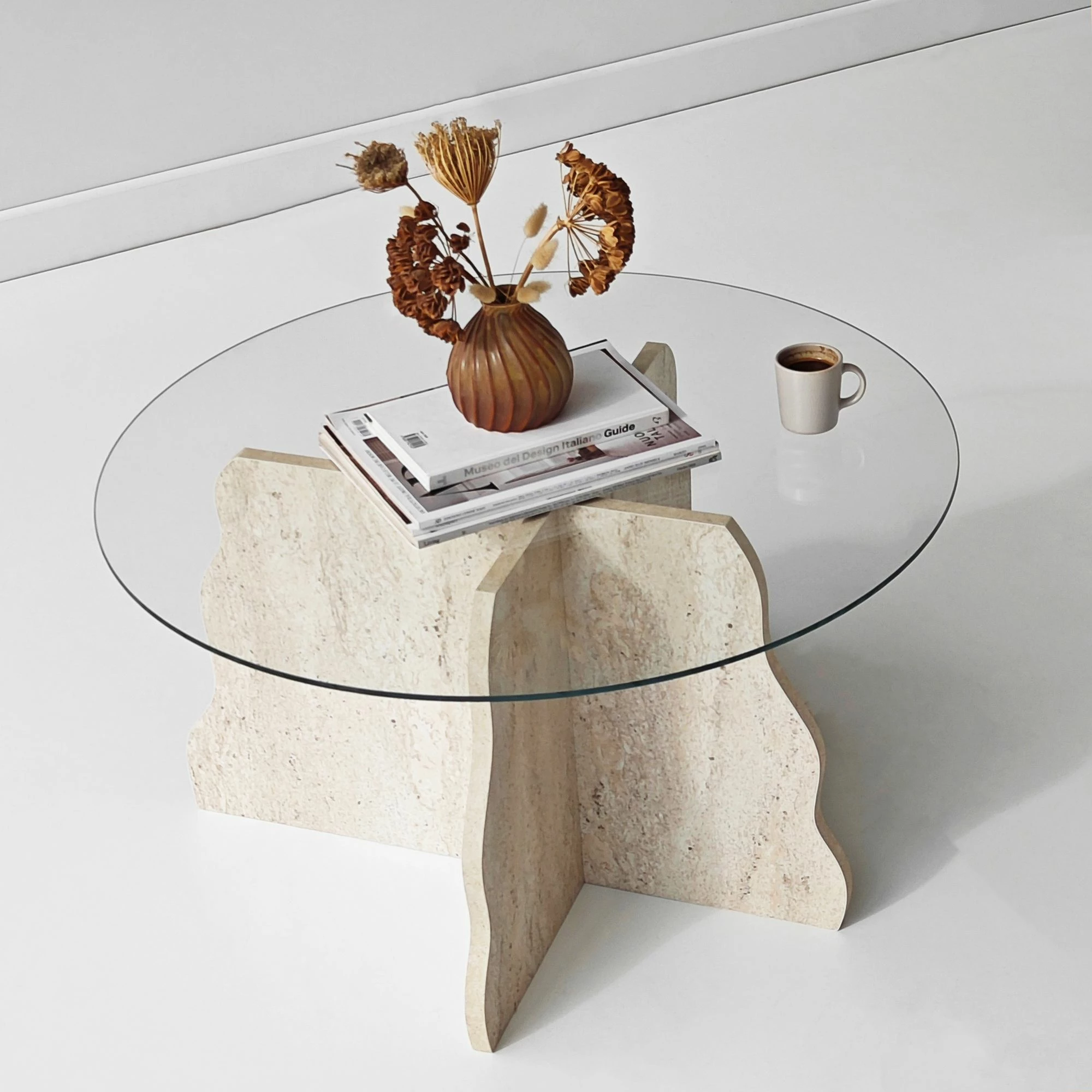 Tavolinë kafeje Skye Decor, Butterfly, travertin, xham transparent