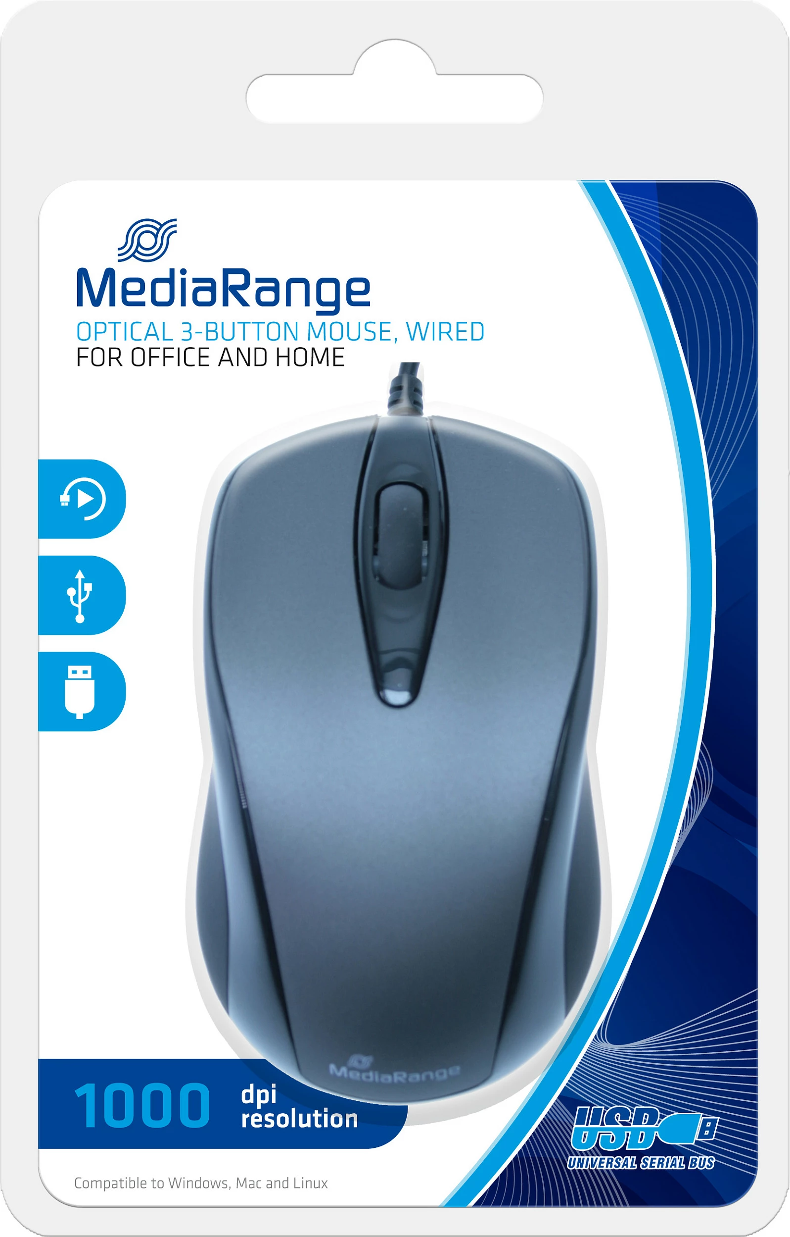 Maus MediaRange MROS201, me kabllo USB, optik 1000 DPI, ambidekstr, zi/hiri