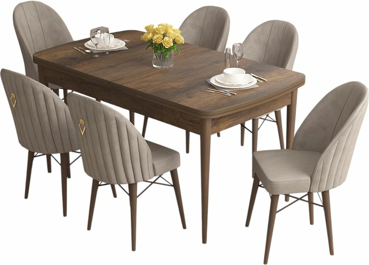 Set tavoline me karrige për ngrënie, e zgjatshme, 7 copë, Skye Decor, rozë-barok, kapuçino