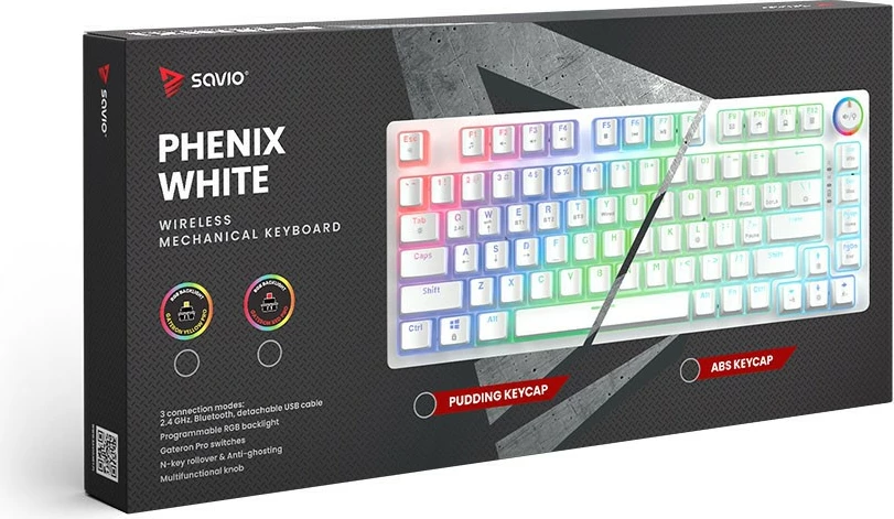 Tastierë mekanike wireless Savio Phenix White, Gateron Yellow, Pudding, RGB