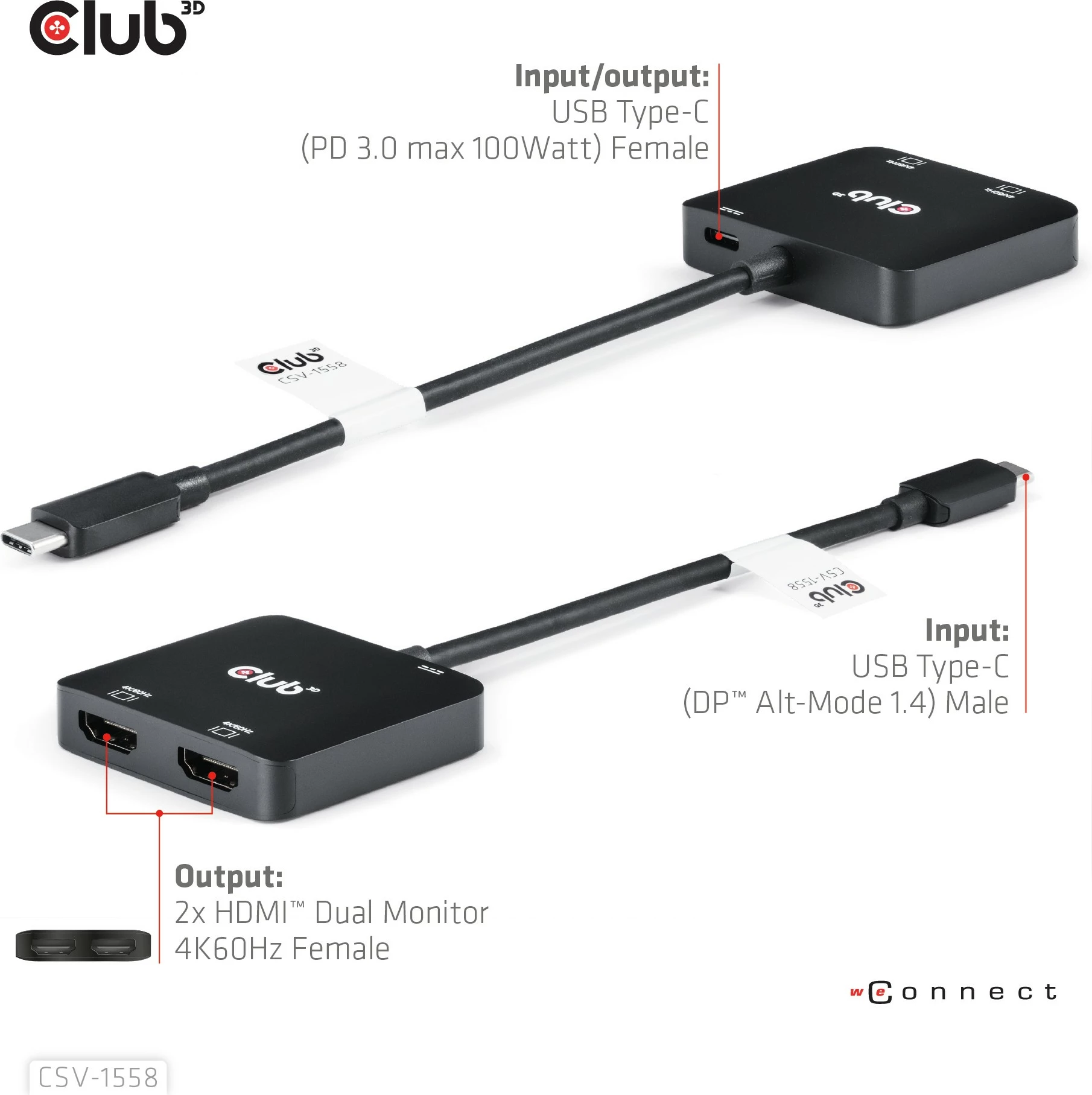 Adapter Club3D MST-Hub USB Type-C në 2x HDMI 4K60Hz + 100W PD, i zi