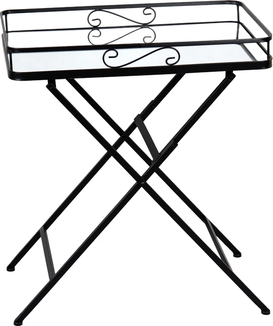 Tavolinë e palosshme, metal i zi, xham pasqyrë, 60x38x68 cm