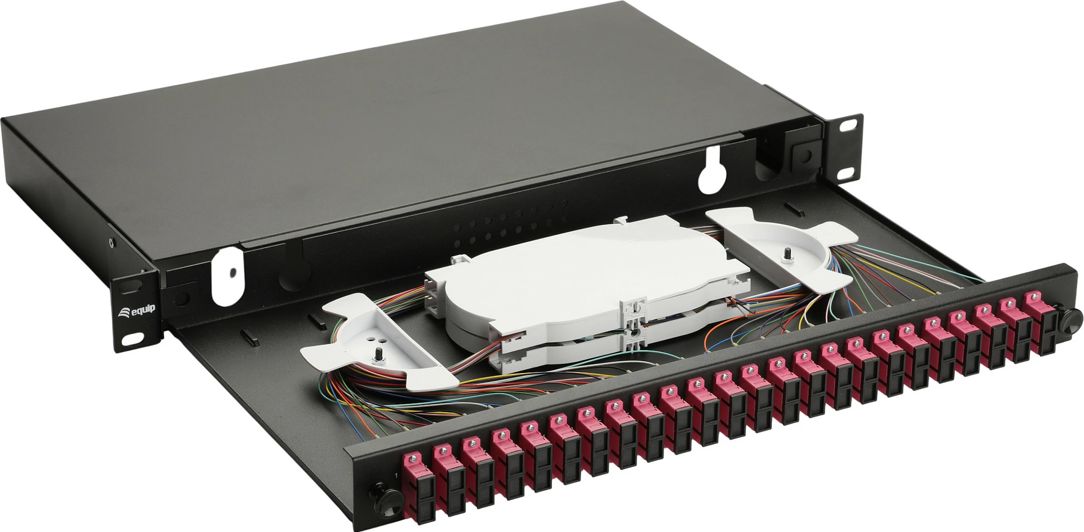 Kuti splice fibër optike EQUIP 337314, 24 porta SC Duplex, OM4, 1U, rack 19", e zezë