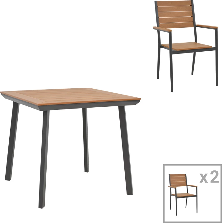 Tavolinë me karrige Synergy-Vitality set prej 3 copash alumini dhe kompensatë ngjyrë natyrale 80x80x74cm
