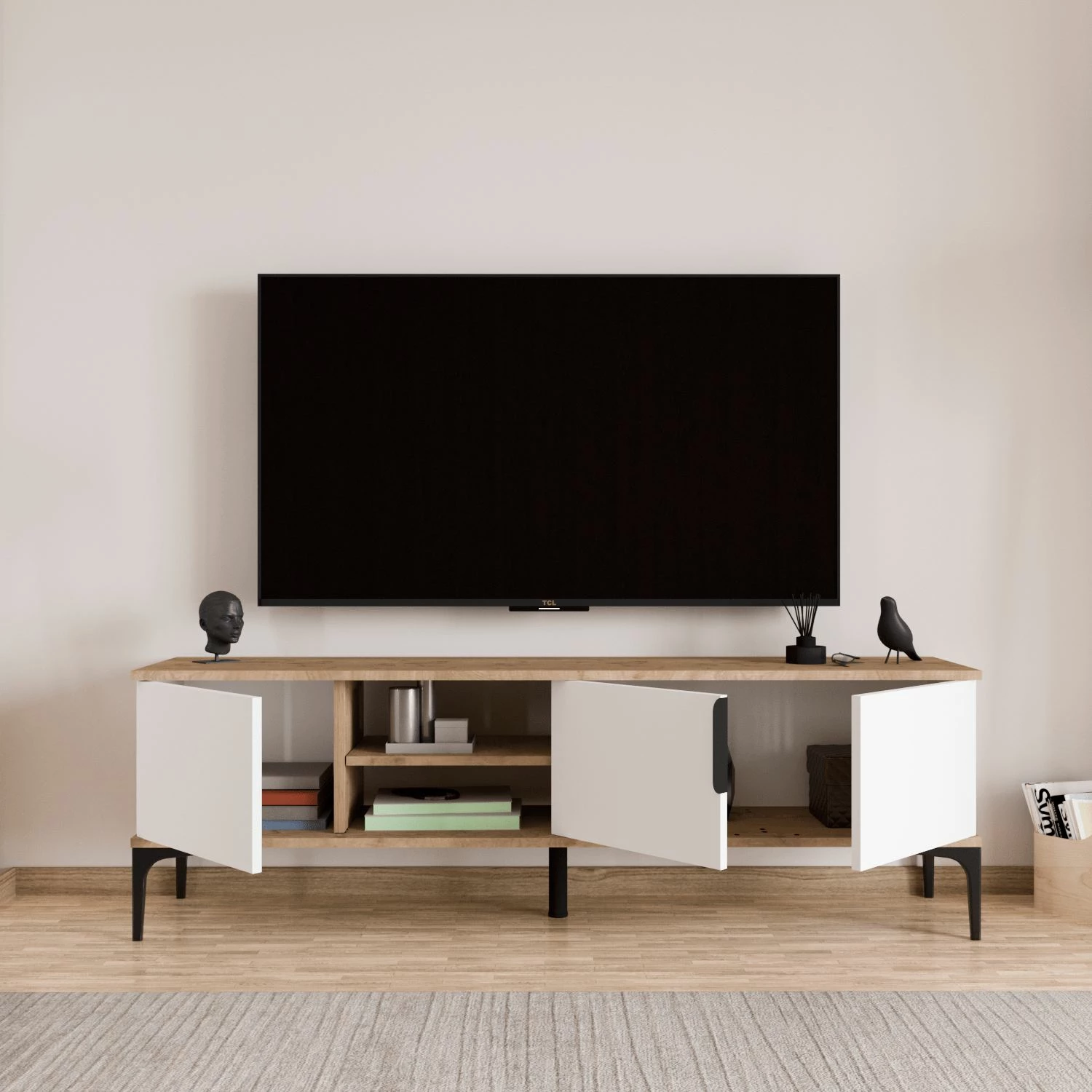 Komodë TV Skye Decor, ngjyrë lisi dhe e bardhë, Tarz