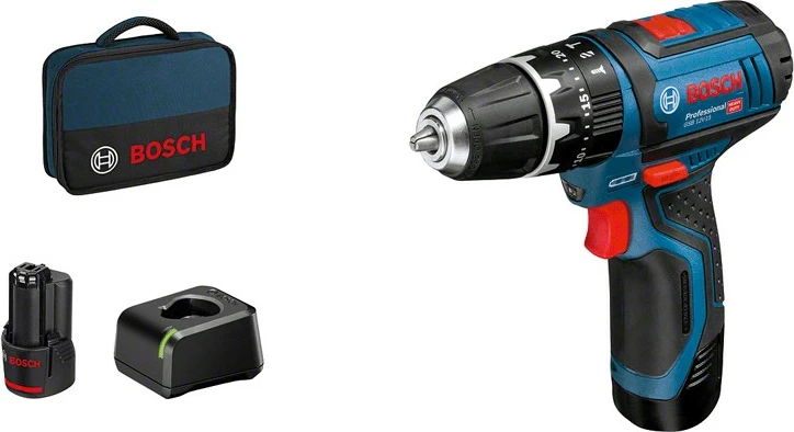 Shpuese Bosch GSB 12V-15 Professional, 12V, 2 bateri, 1.9cm, zi/blu