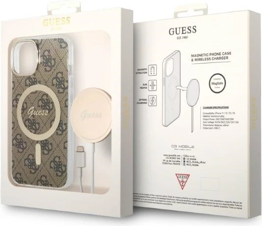 Set mbështjellës Guess GUBPP14SH4EACSW me karikues wireless për iPhone 14 6.1", kafe, MagSafe