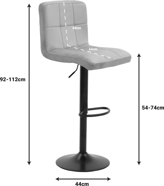 Karrige për bar Remina, lartësi e rregullueshme, kadife ngjyrë mollë e kalbur, bazë e zezë mat, set 2 copë, 44x44x112cm