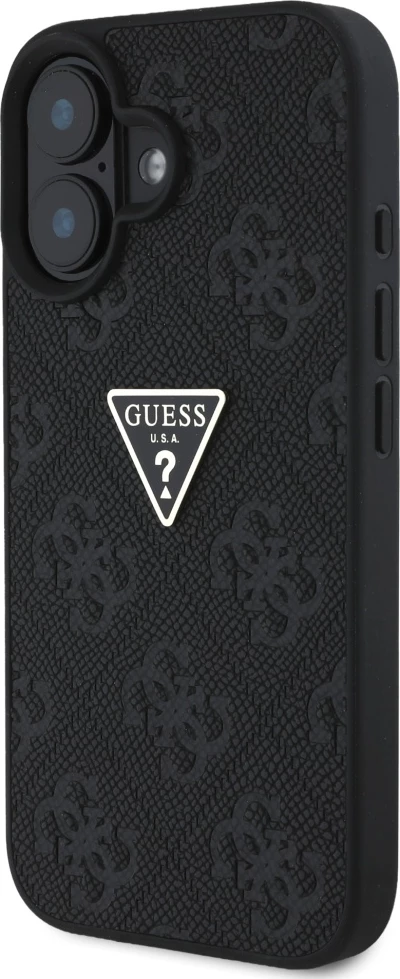 Mbështjellës Guess Hot Stamp 4G Pattern Triangle Metal Logo për iPhone 16, i zi