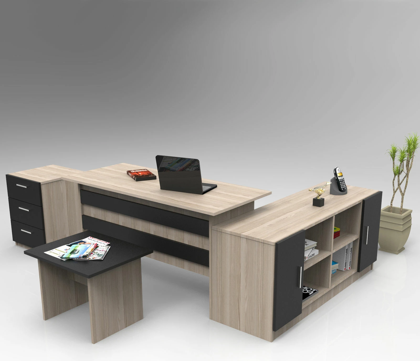 Set mobiljesh për zyre, Skye Decor, VO13-OB, ngjyrë lis dhe e zezë