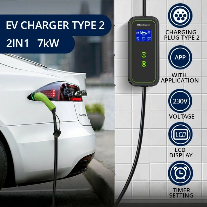 Karikues portativ për vetura elektrike Qoltec 52477, Type 2, 7kW, 5m, WiFi, i zi/gjelbër