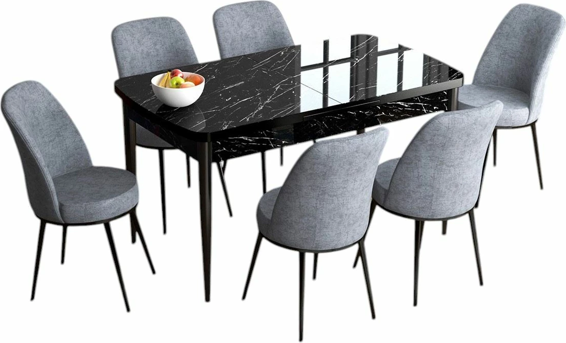 Set tavolinë me karrige, e zgjatshme, 7 copë, Skye Decor, mermer i zi, gri