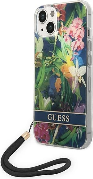 Mbështjellës Guess GUOHCP14SHFLSB për iPhone 14 6.1", Flower Strap, kaltër