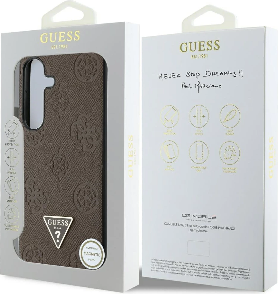 Mbështjellës Guess Grained Hot Stamp Peony Pattern Triangle Logo MagSafe për Samsung Galaxy S25, Kafe