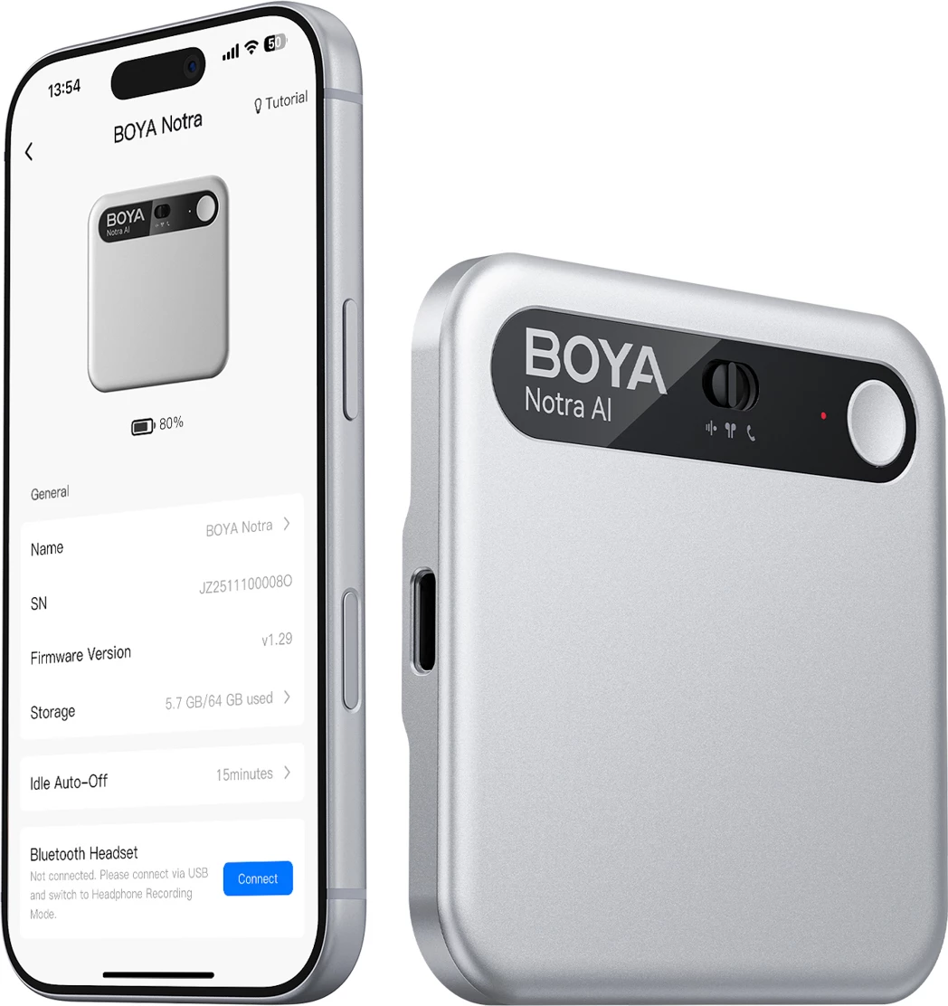 Regjistrues zëri BOYA Notra AI 64GB, USB-C/Bluetooth/Wi‑Fi, 24h, argjendtë