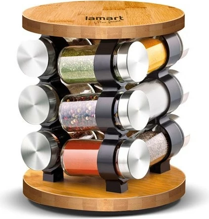 Set kavanozësh qelqi për erëza, Lamart LT7051, bazë rrotulluese bambu, 85 ml secili, 19x19x22.5 cm, argjendtë/transparent/dru, set 12 copë